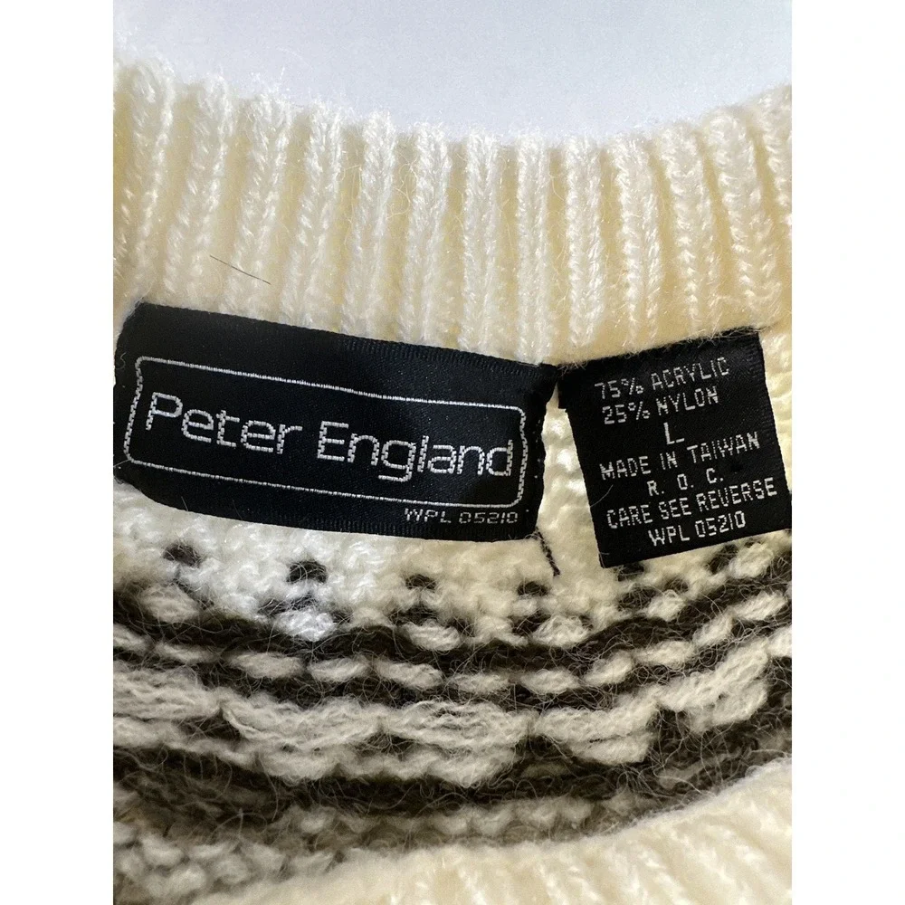 VTG Peter England Fair Isle Geometric Pattern Sweater Adult Large Ivory Ski Knit